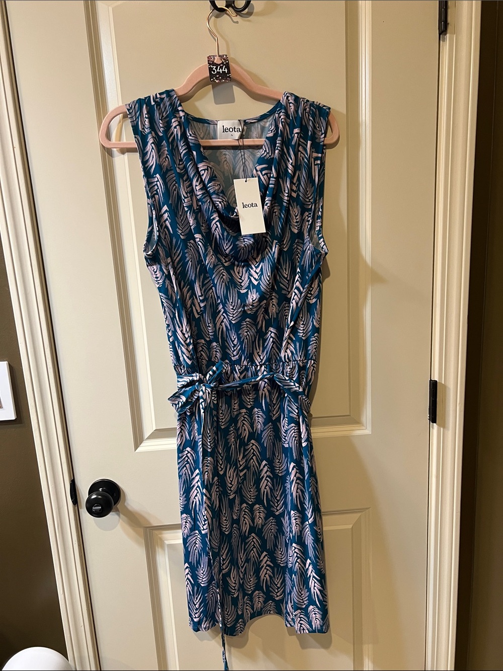 Leota Teal Dress with Blush Leaf Print and Self-Tie Waist